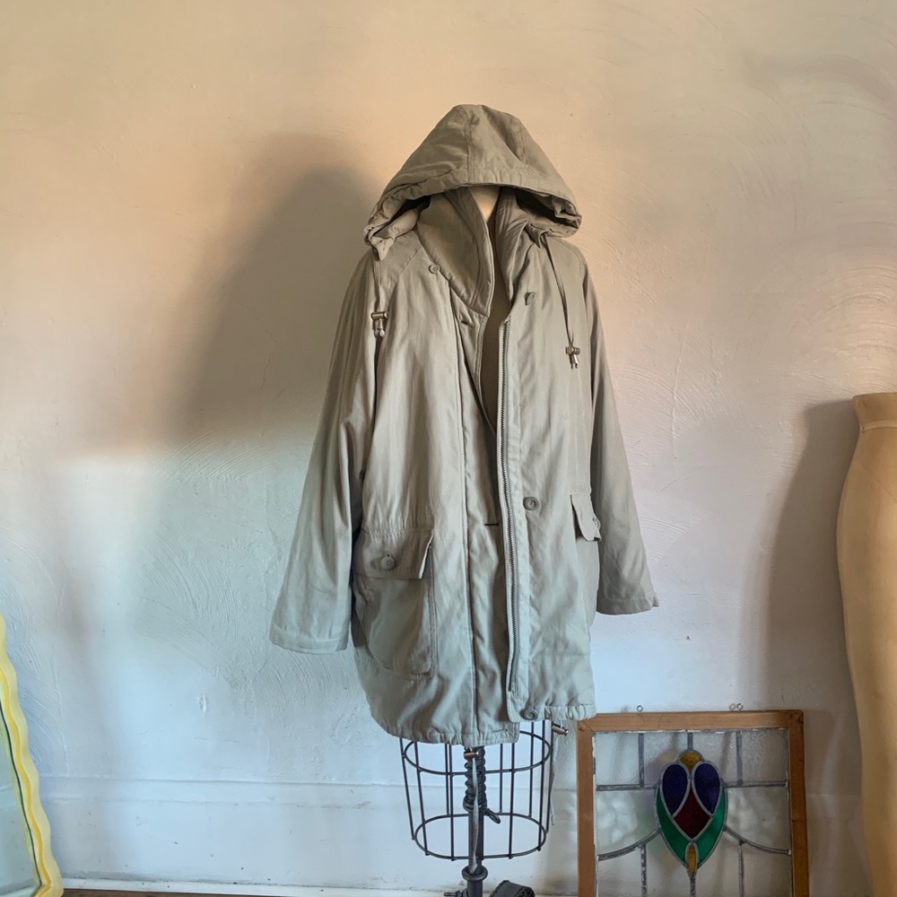 LONDON FOG vtg sage green jacket removable hood deep pockets zip cinch waist